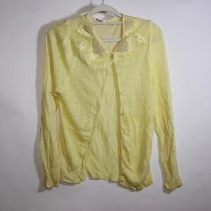 Puppy Yellow Knitted Grandma Button Up Cardigan With Pearls